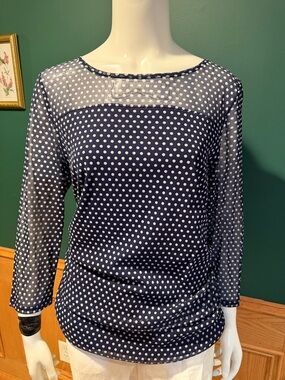 INC International Concepts Navy Blue Mesh Top with White Polka Dots.